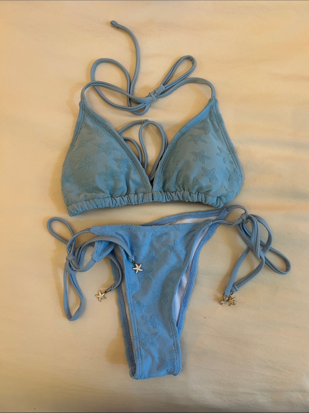 SHEIN Light Blue Star Embossed Triangle String Bikini